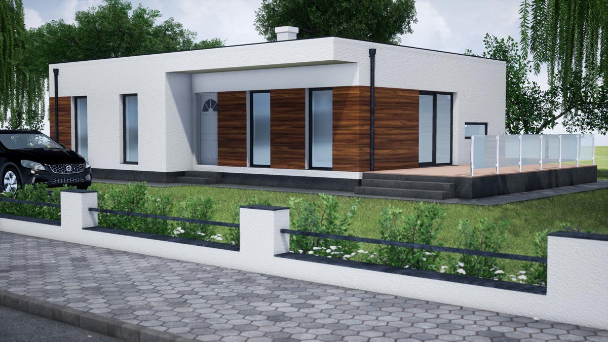VarioSIP 90 ház látványterve: lapostetős, fehér homlokzatú családi ház barna fa burkolósávokkal és üvegkorlátos terasszal
